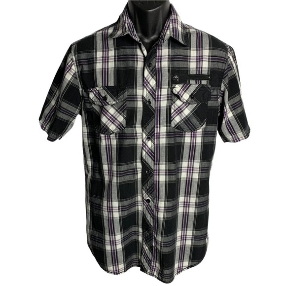 Burnside Button Down Shirt M Black Plaid Chest Pockets Short Sleeve - Picture 1 of 4